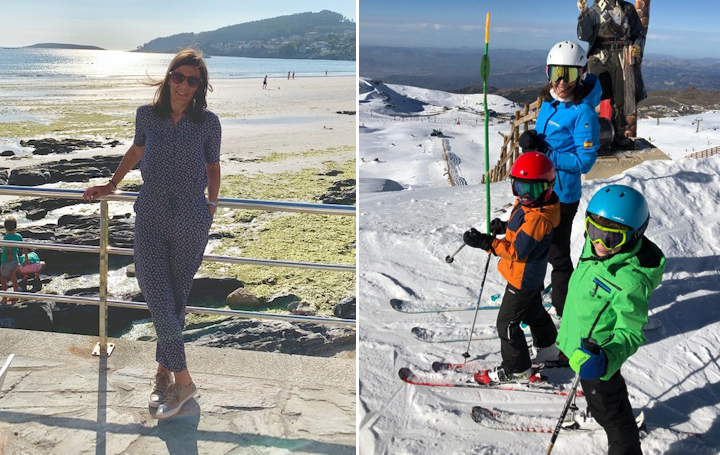 Paula Peleteiro en dos momentos de su vida personal recurrentes pero especiales: en la playa de Nigrán y esquiando con sus hijos.