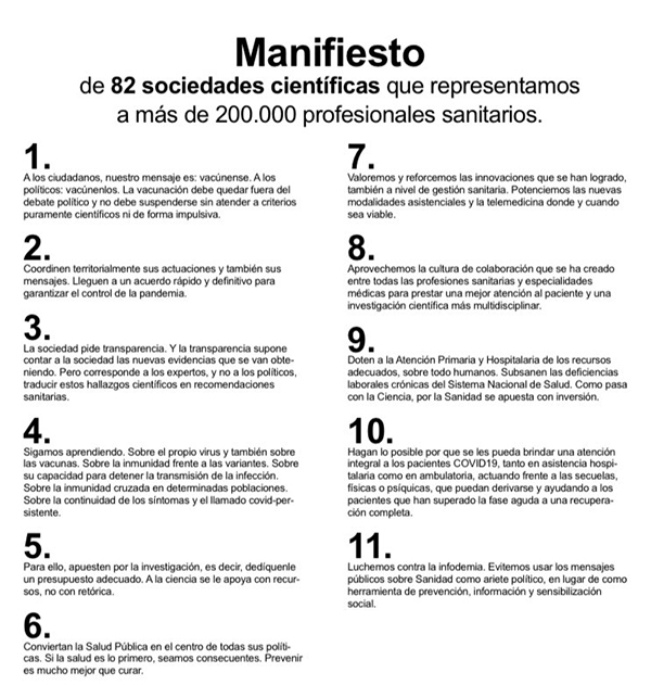 Manifiesto de las sociedades científicas en once puntos