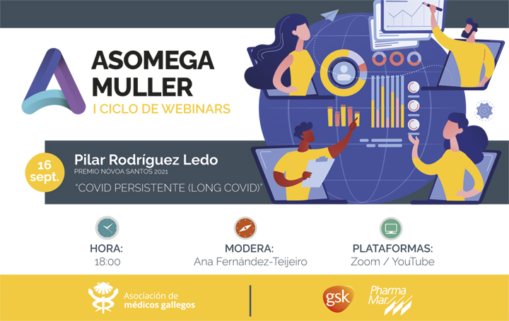 Póster del primer webinar de Asomega Muller