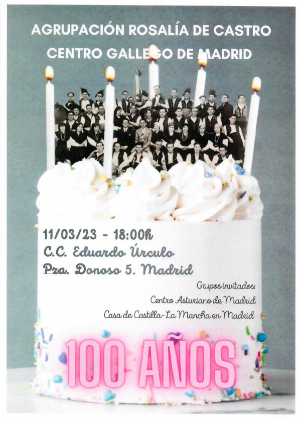Cartel del evento de celebración del centenario de la Agrupación Artística Rosalía de Castro.