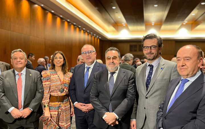 Julio Ancochea, presidente de Asomega; Tristana Moraleja ( diputada por A Coruña); Juan Serrano, director de la Casa de Galicia en Madrid; Miguel Carballeda, presidente de la ONCE y receptor del premio de Aegama; Diego Calvo, vicepresidente segundo y conselleiro de Presidencia, Justicia y Deportes de la Xunta de Galicia; y Julio Lage, presidente de Aegama.