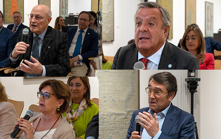 Asistentes a la conferencia plantean sus preguntas al profesor Carracedo: Fernando Rey Paz, director del Centro Gallego de Madrid; Julio Ancochea, presidente de Asomega; Ana Fernández-Teijeiro, vocal de Asomega; y Roberto Conde, vocal de Asomega.