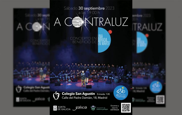 Cartel del concierto de A Contraluz a beneficio de DisCamino y Una Mirada en Marte, organizado por Asomega Axuda.