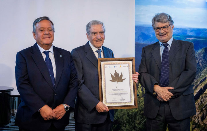 Momento de la entrega a Francisco Ruza de su reconocimiento como médico hipocrático. A la derecha Nikos Kastanos, cofundador del Movimiento Hipocráticos, y a la izquierda el presidente de Asomega, Julio Ancochea.