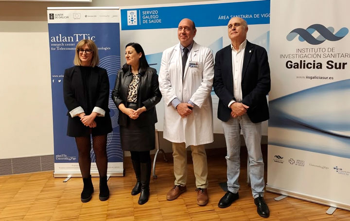 Eva Poveda, directora científica del IISGS; Belén Rubio, vicerrectora de Investigación, Transferencia e Innovación de la UVigo; José Manuel Olivares, director Asistencial del A.S. de Vigo, y Martín Llamas, director de atranTTic en la inauguración de la Xornada Colaborativa IISGS-atlanTTic.