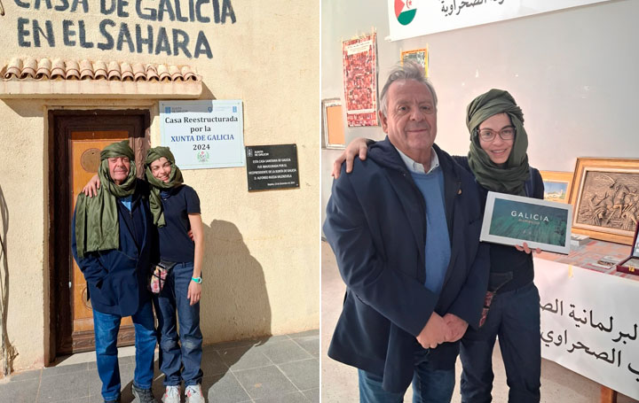 Julio Ancochea, presidente de Asomega, y Ruth Campos, vicerrectora de Compromiso Social y Cultura de la UAM. A la izquierda, frente a la Casa de Galicia en Bojador. A la derecha, en el Parlamento de la República Árabe Saharaui Democrática (RASD).